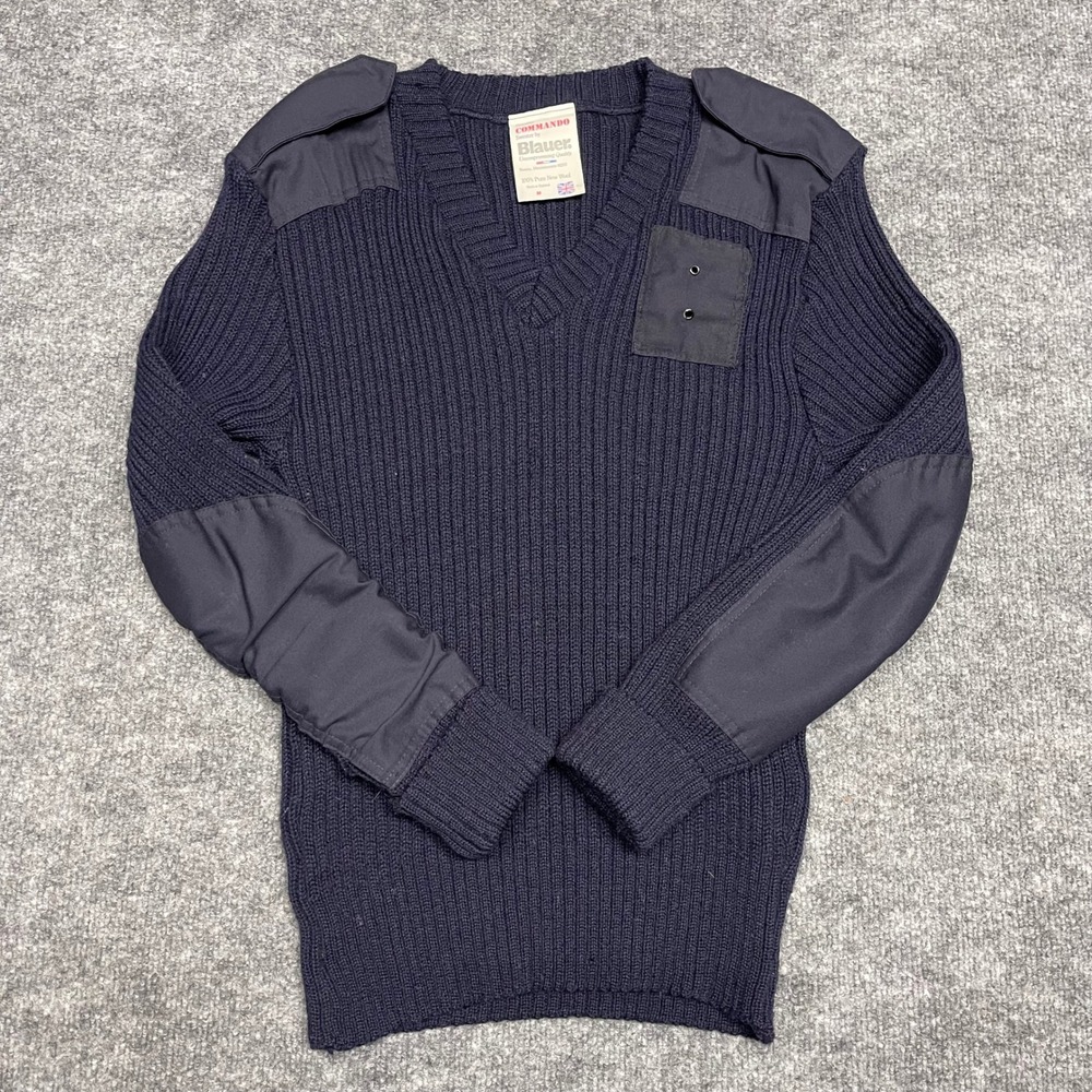 Blauer Sweater Mens Navy Blue Medium Commando Elbow Patch Wool Ribbed Made in UK